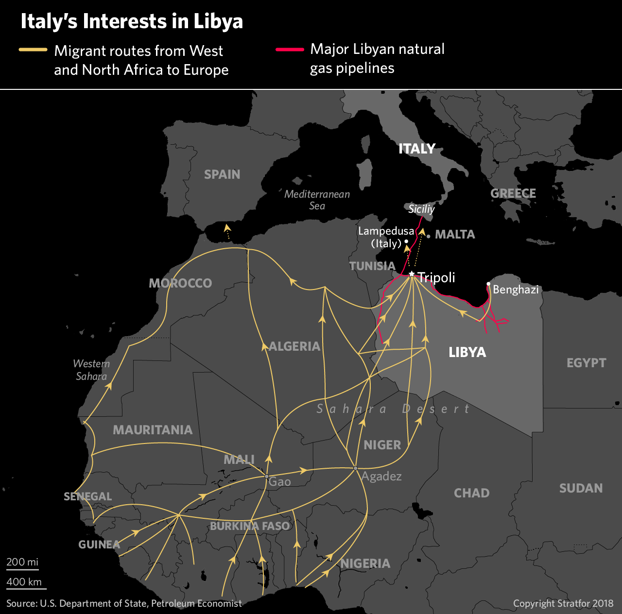 A map showing Italy's interests in Africa.