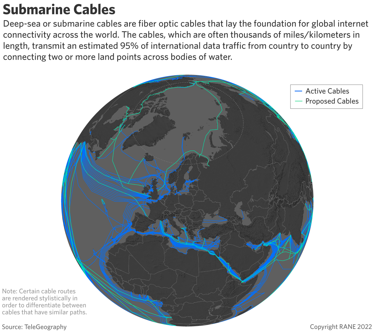 A world map of active and proposed subsea cables, centered on Europe