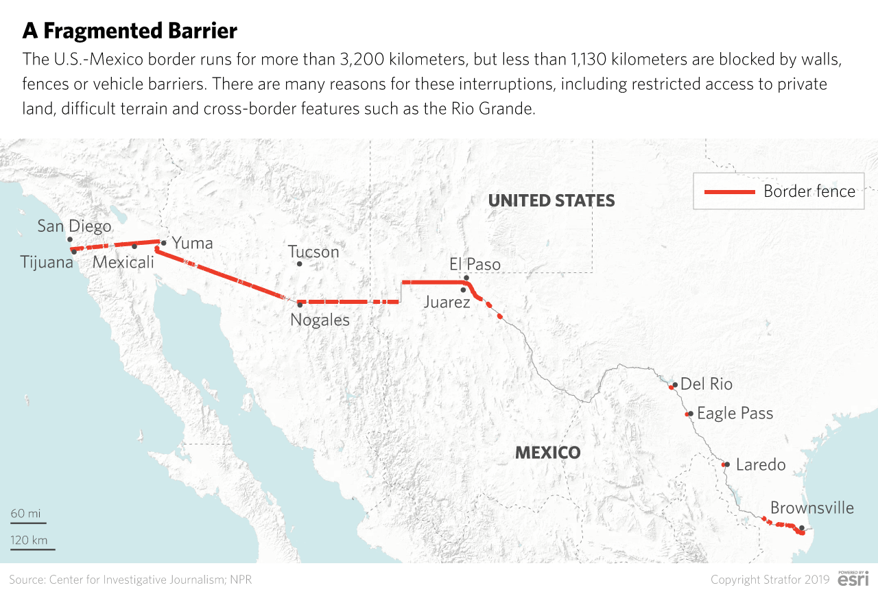 A map showing the barriers currently in place along the U.S.-Mexico border