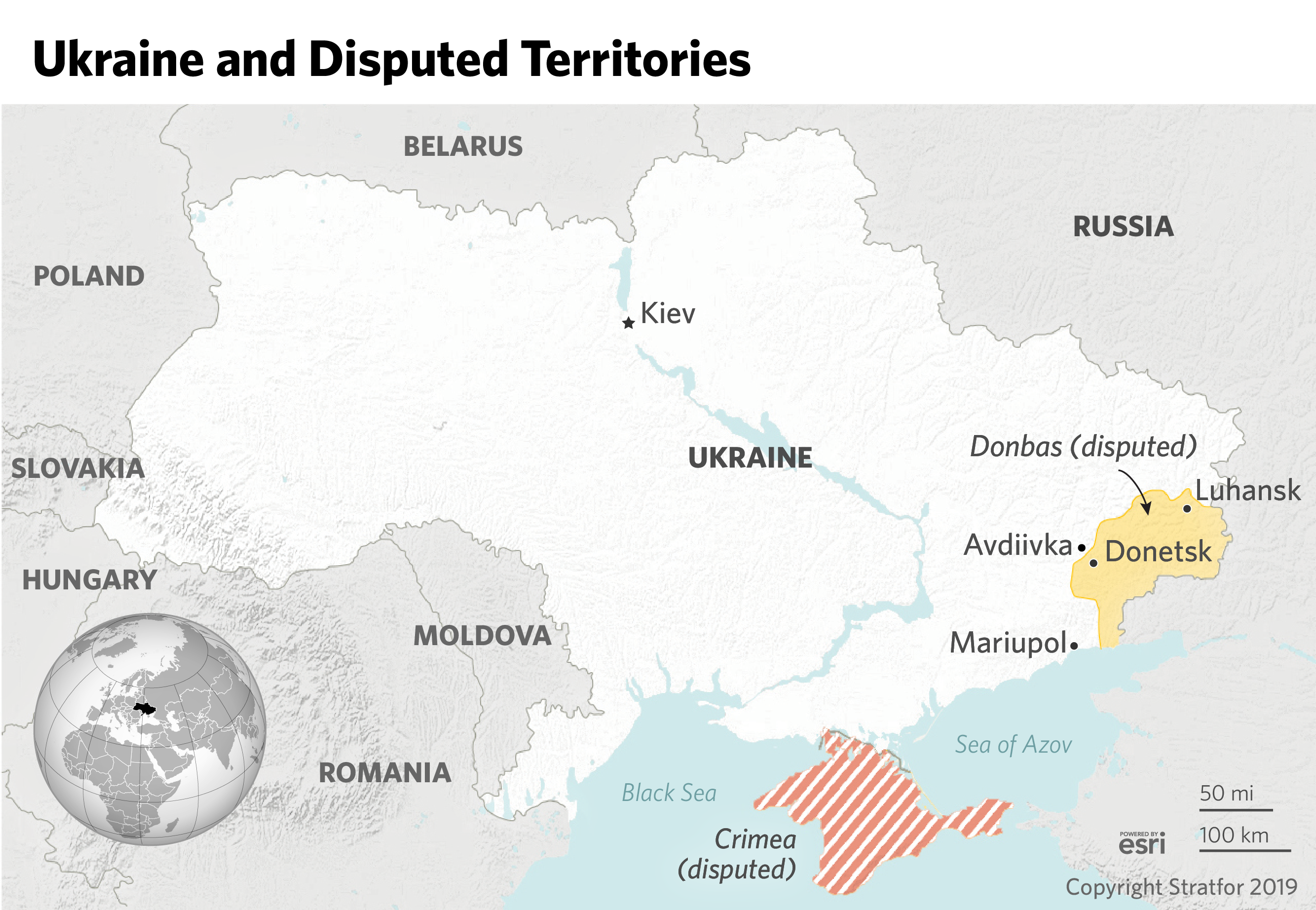 A map showing Ukraine and the disputed areas of Donbas and Crimea.