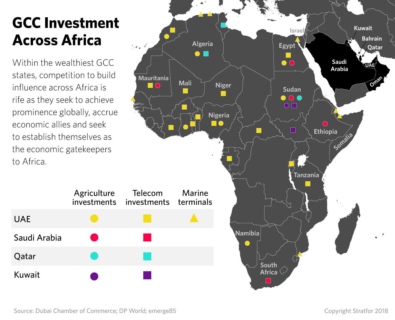 This map shows investments in Africa by Gulf Cooperation Council countries