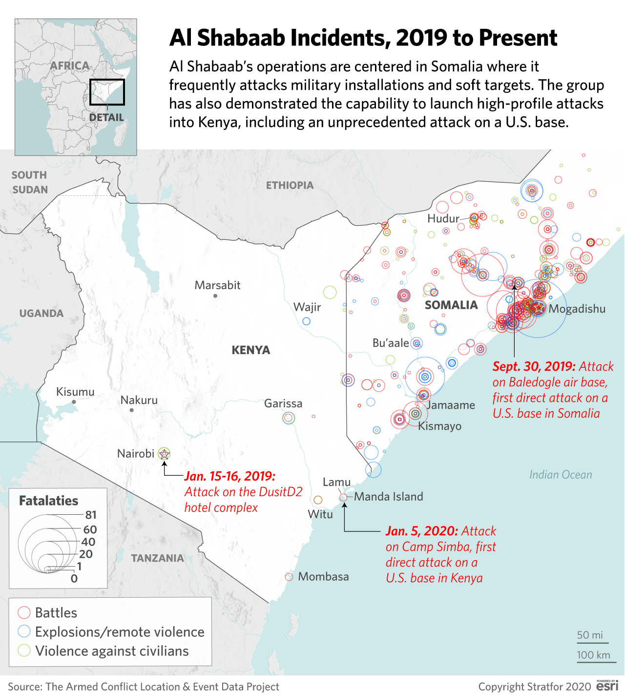 This map shows the location of al Shabaab attacks over the past year.