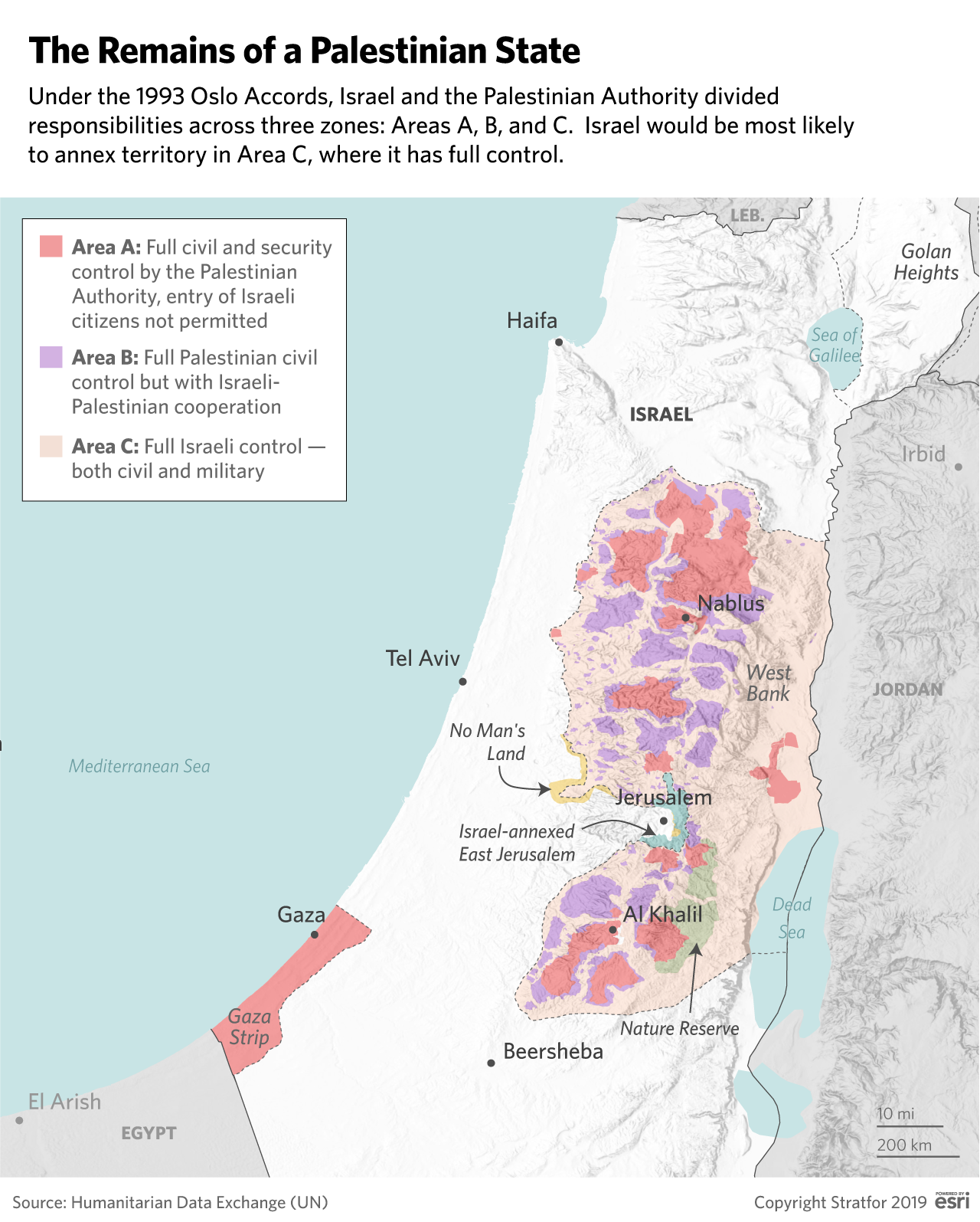 A map showing the different zones of control derived from the Oslo Accords of 1993.