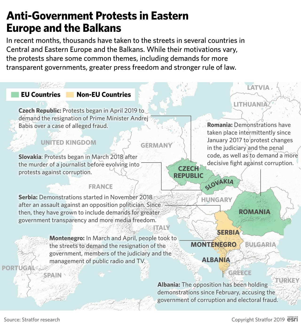 A map showing the distribution of anti-government protests in Eastern Europe and the Balkans