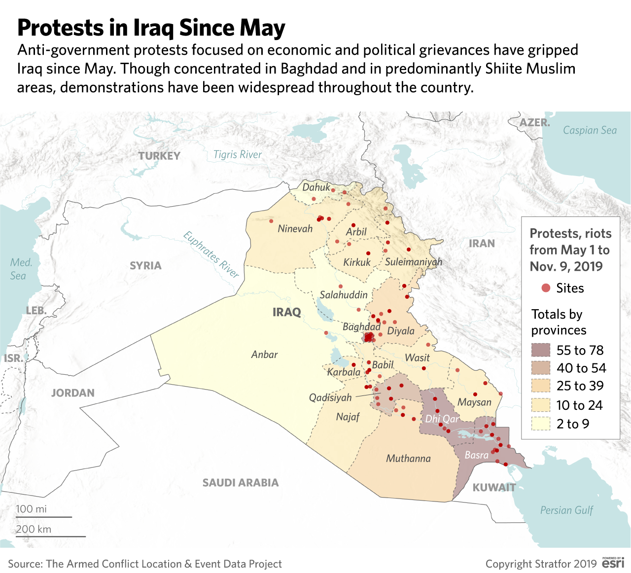 A map of Iraq showing locations of anti-government protests since May.