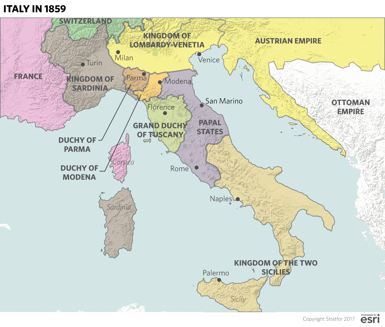Italy's fragmented geography facilitated the emergence of strong local identities. It also explains Italy's unequal levels of development, which fostered the growth of cities such as Turin, Milan and Venice, three powerful economic and political centers in constant competition. 