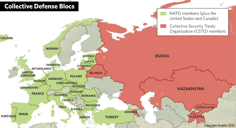 A map centered on Europe and Eurasia, showing collective defense blocs 