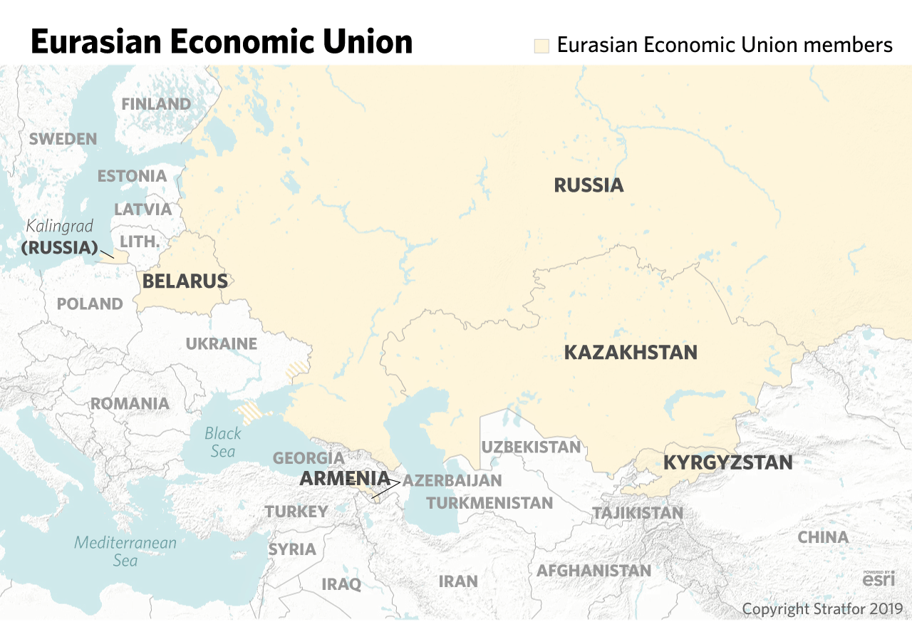 A map showing member countries of the Eurasian Economic Union.