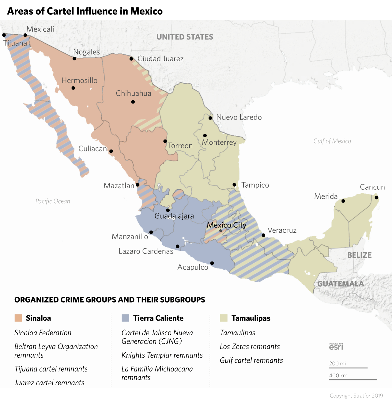 A map shows the areas of influence for the major cartel groups in Mexico.