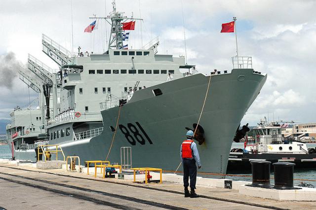 A Chinese Type 905 Fuqing-class auxiliary oiler replenishment ship -- Hongzehu (AOR 881) -- docks at Pearl Harbor, Hawaii, in 2006.