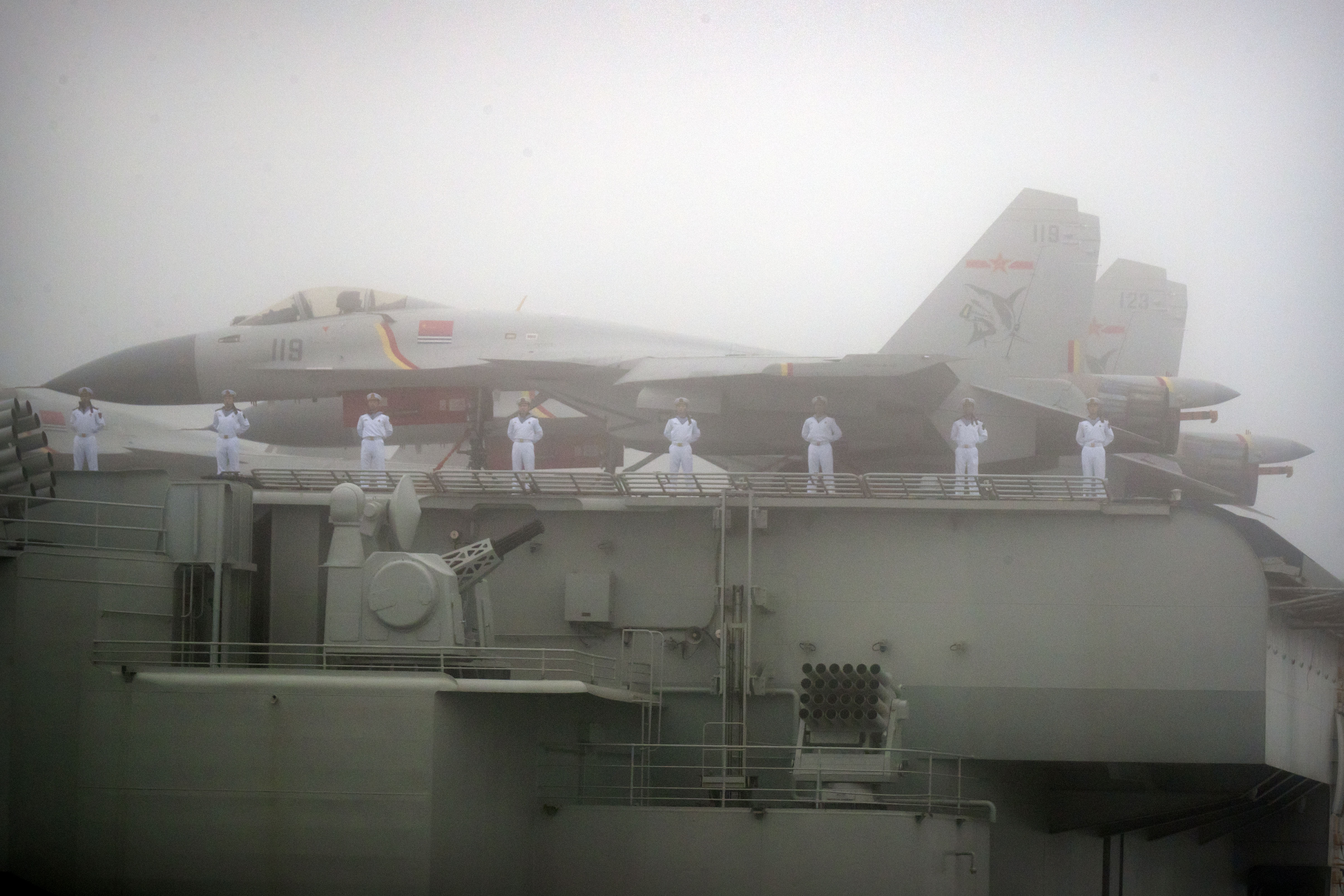 J-15 naval fighters aboard the Chinese aircraft carrier Liaoning. The Liaoning is the first aircraft carrier the Chinese have operated and serves a key role as a training carrier for China's first generation of carrier pilots and crew.