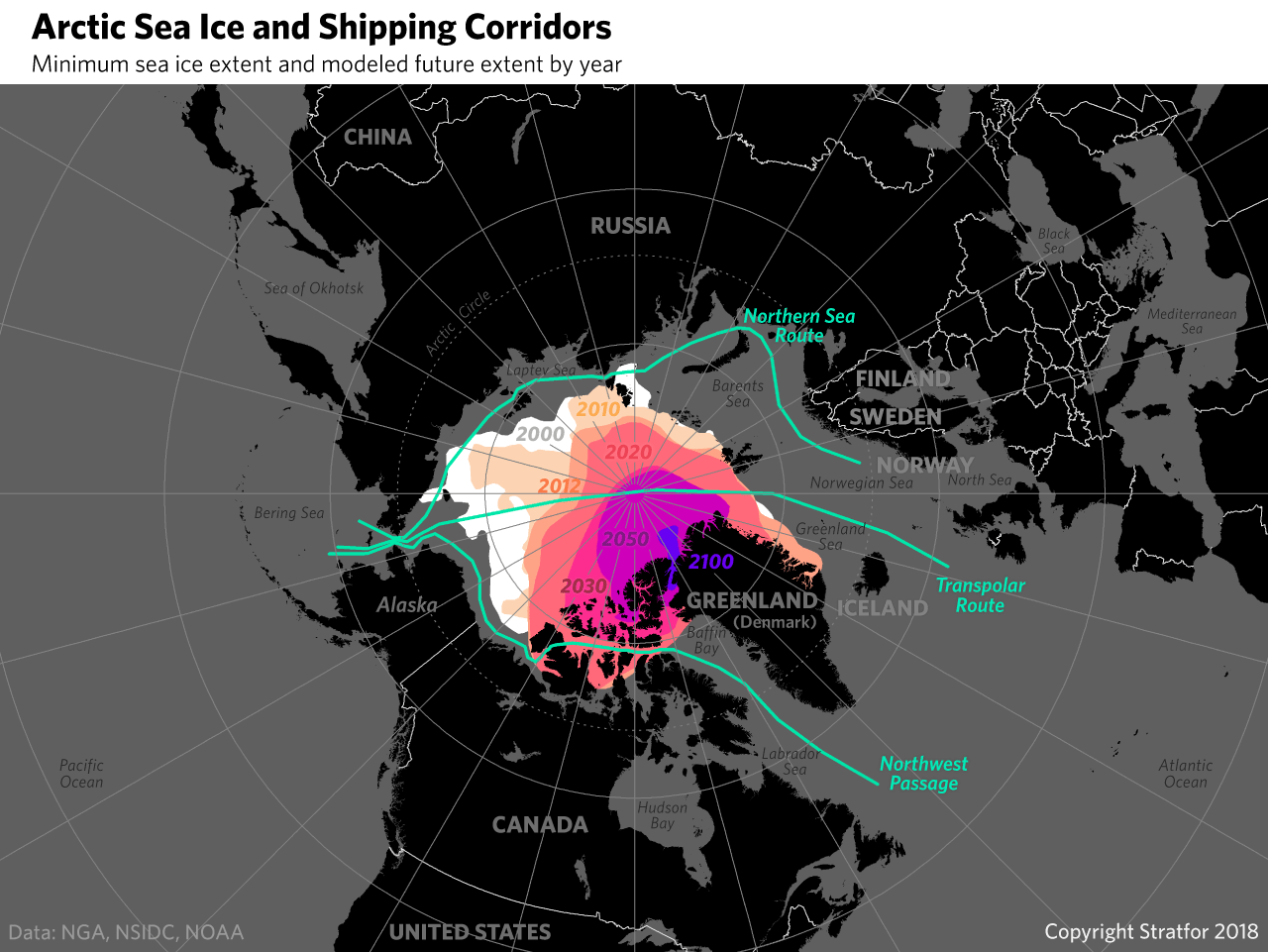 A map showing various passages through the Arctic Ocean, as well as forecasts for the decline in sea ice.