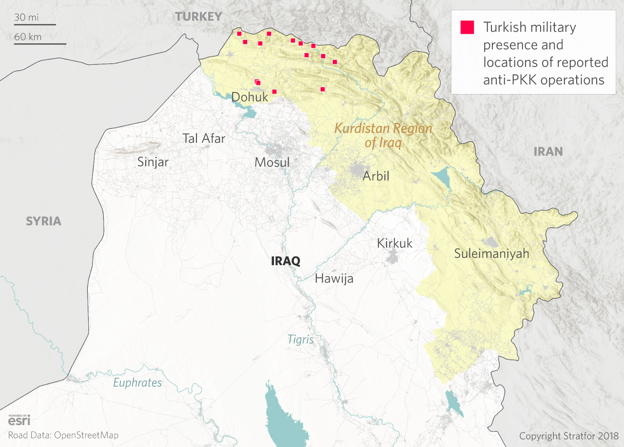 A map showing Turkish military positions and locations of anti-PKK operations