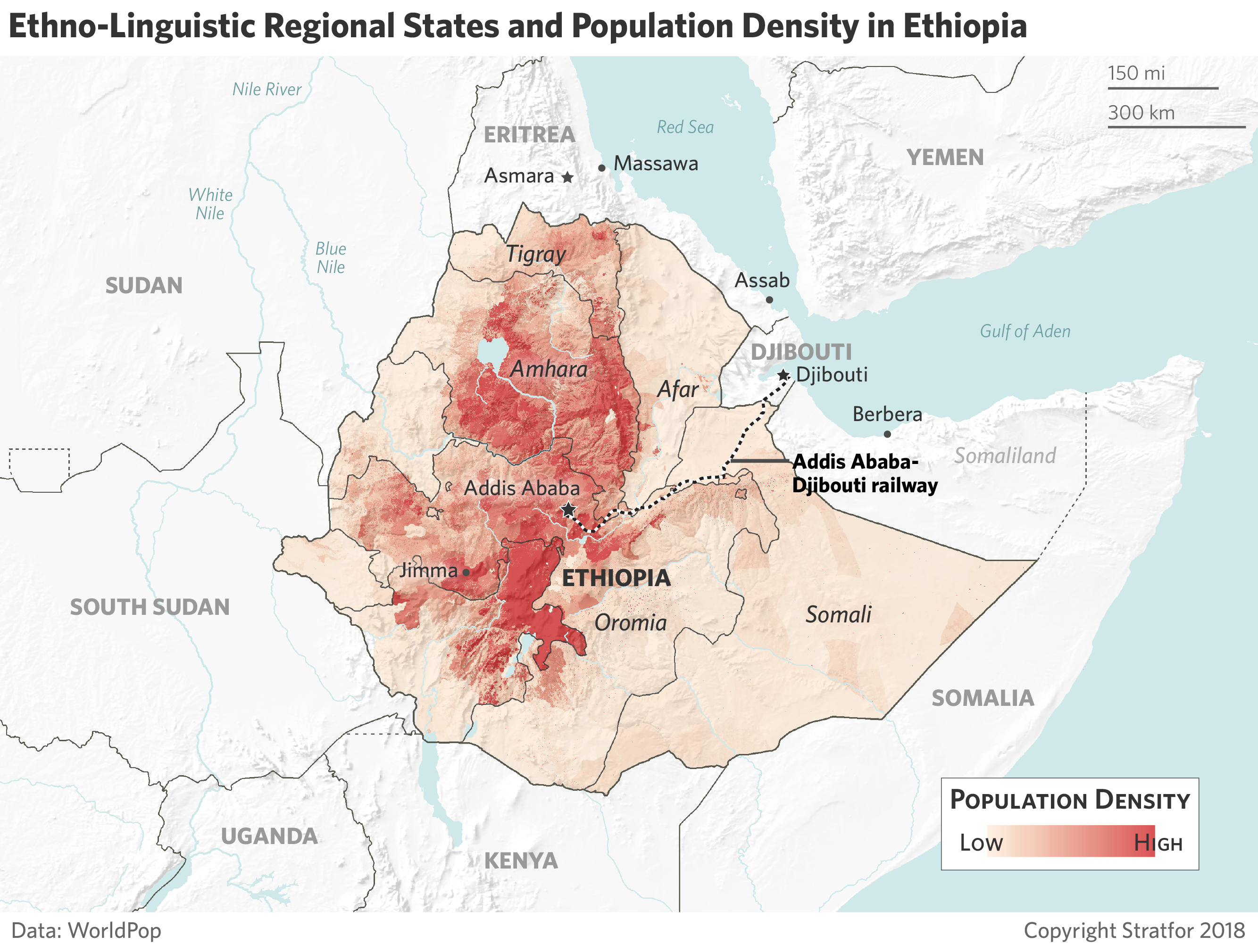 A map shows the population density across Ethiopia.