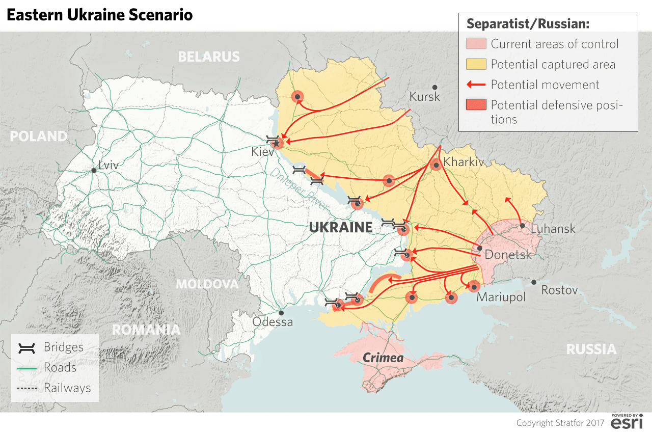 A map showing a scenario whereby Russia takes all of eastern Ukraine up to the Dnieper River, using the waterway as a defensive front line. 