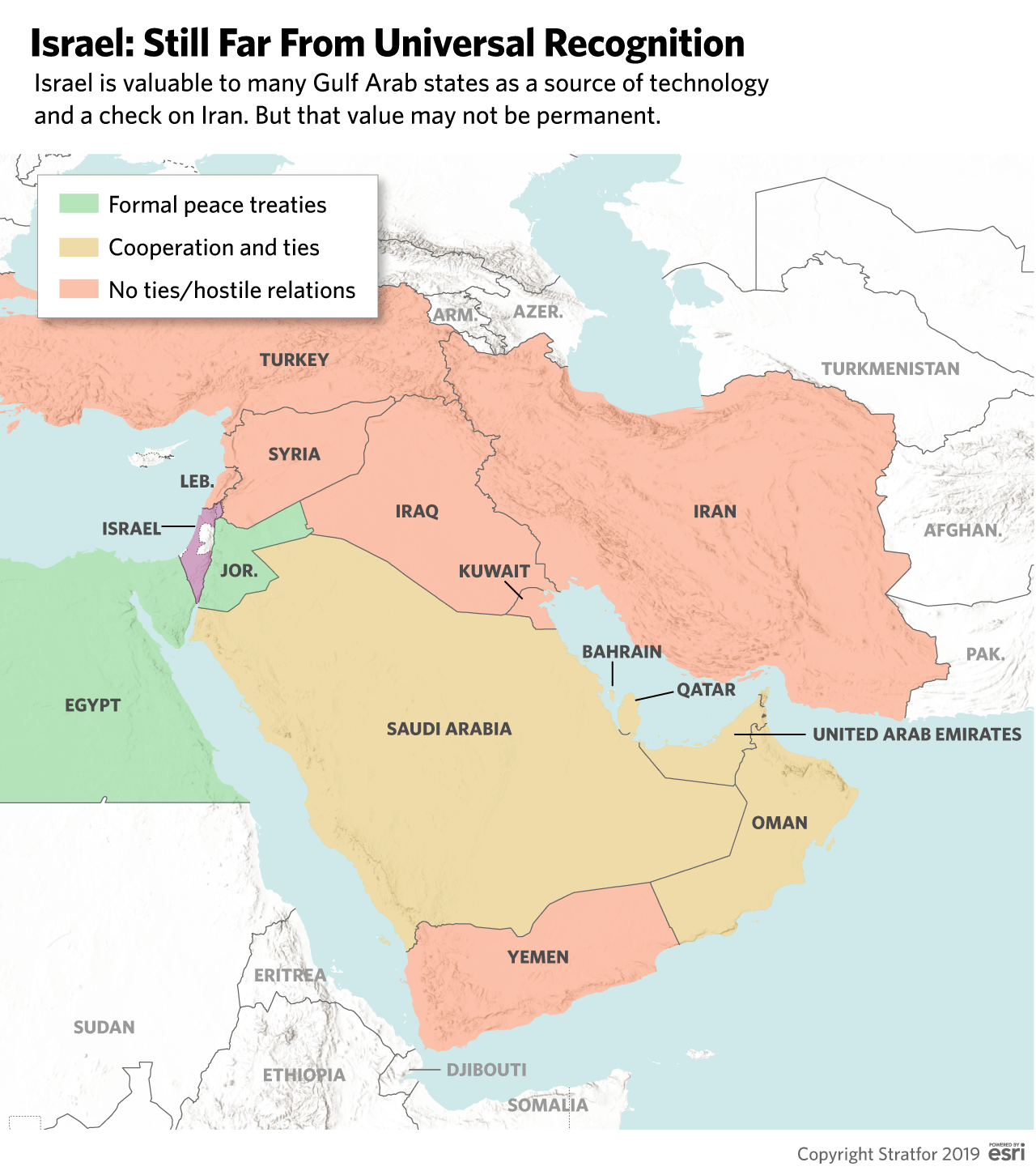 Map of Israel's relationships with other countries in the Gulf
