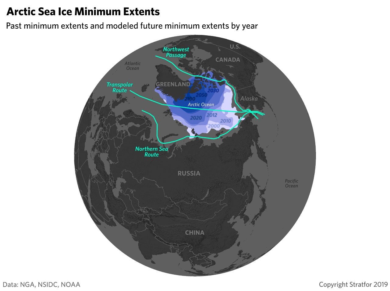 A map of Arctic sea routes, showing past minimum extents of Arctic sea ice and modeled future minimum extents by year.