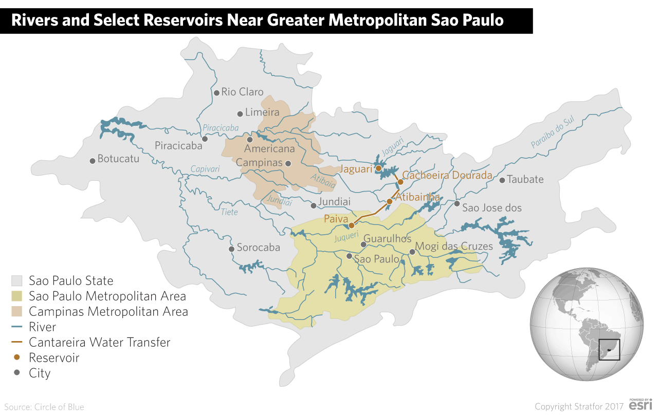 A map of the rivers and reservoirs near greater metropolitan Sao Paulo.