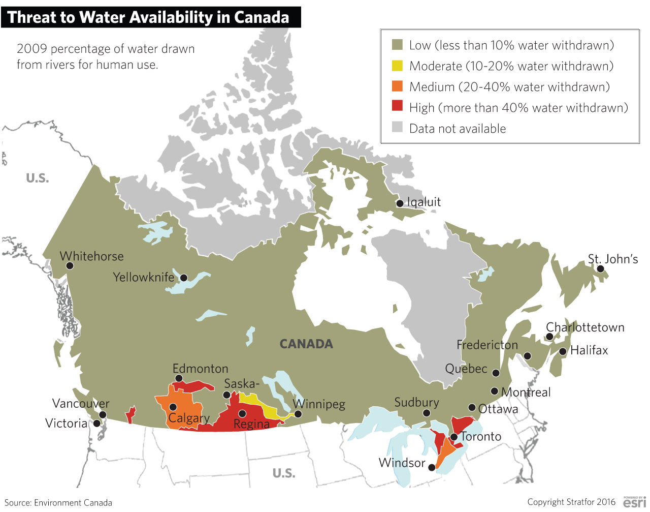 The prairie provinces of Alberta, Manitoba and Saskatchewan are typically more arid than other parts of the country. An expansion of agricultural and industrial activity in the region, along with population increases in recent decades, has led to greater water stress in parts of these provinces.