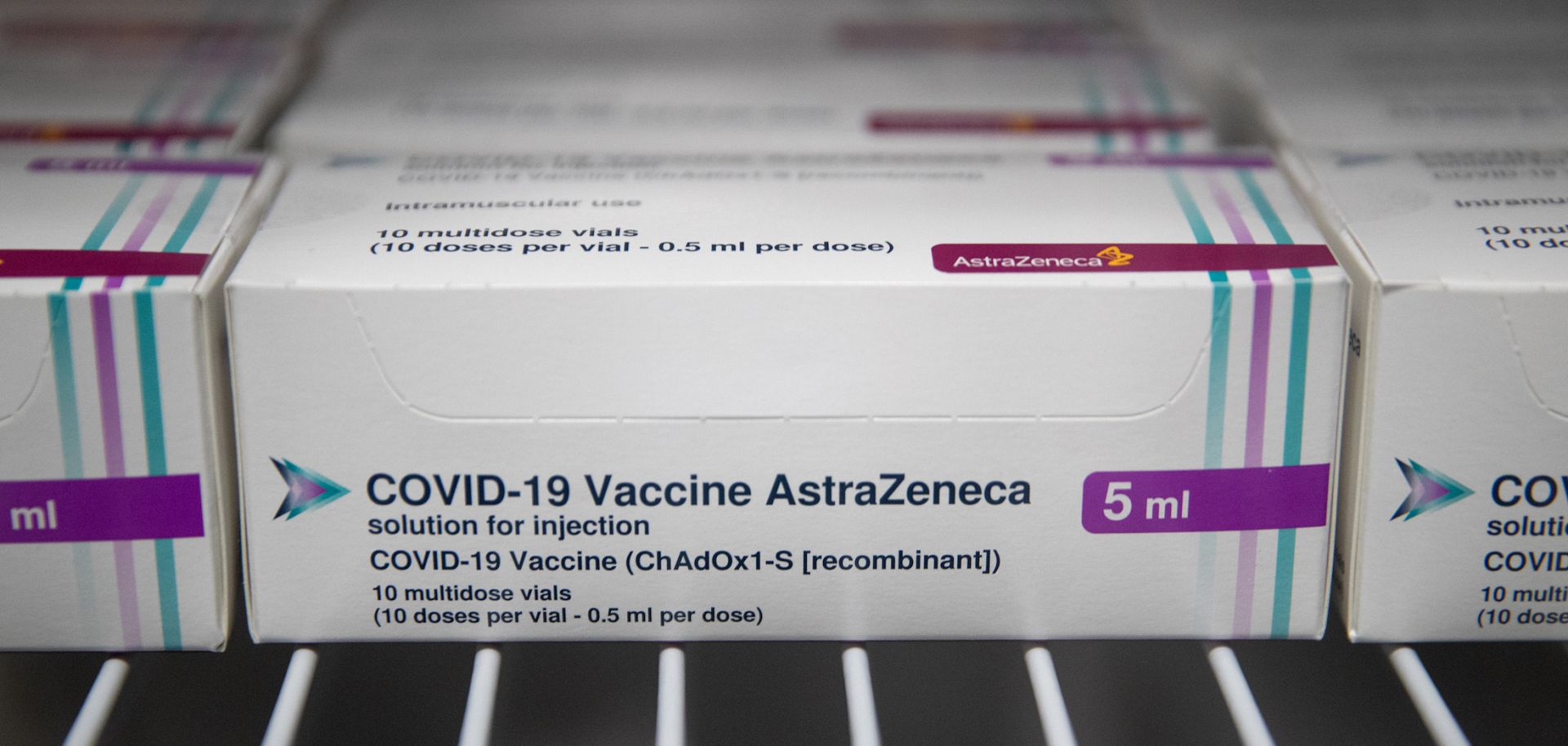 Boxes of vials of the AstraZeneca COVID-19 vaccine sit in a refrigerator at Ashton Gate Stadium in the English city of Bristol on Jan. 9, 2021.