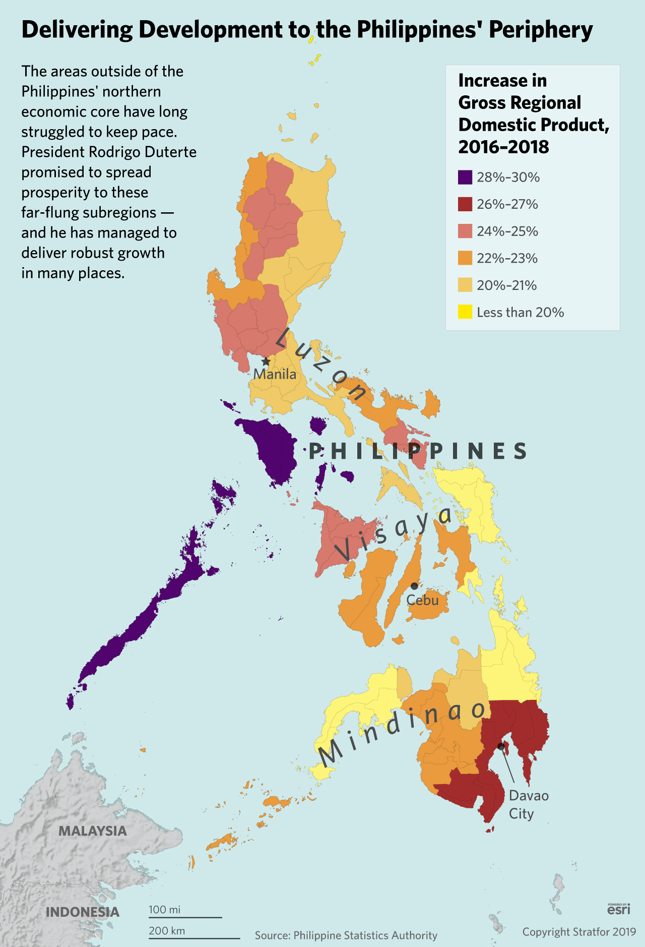 This map shows the amount of gross domestic product of all of the Philippines' regions.