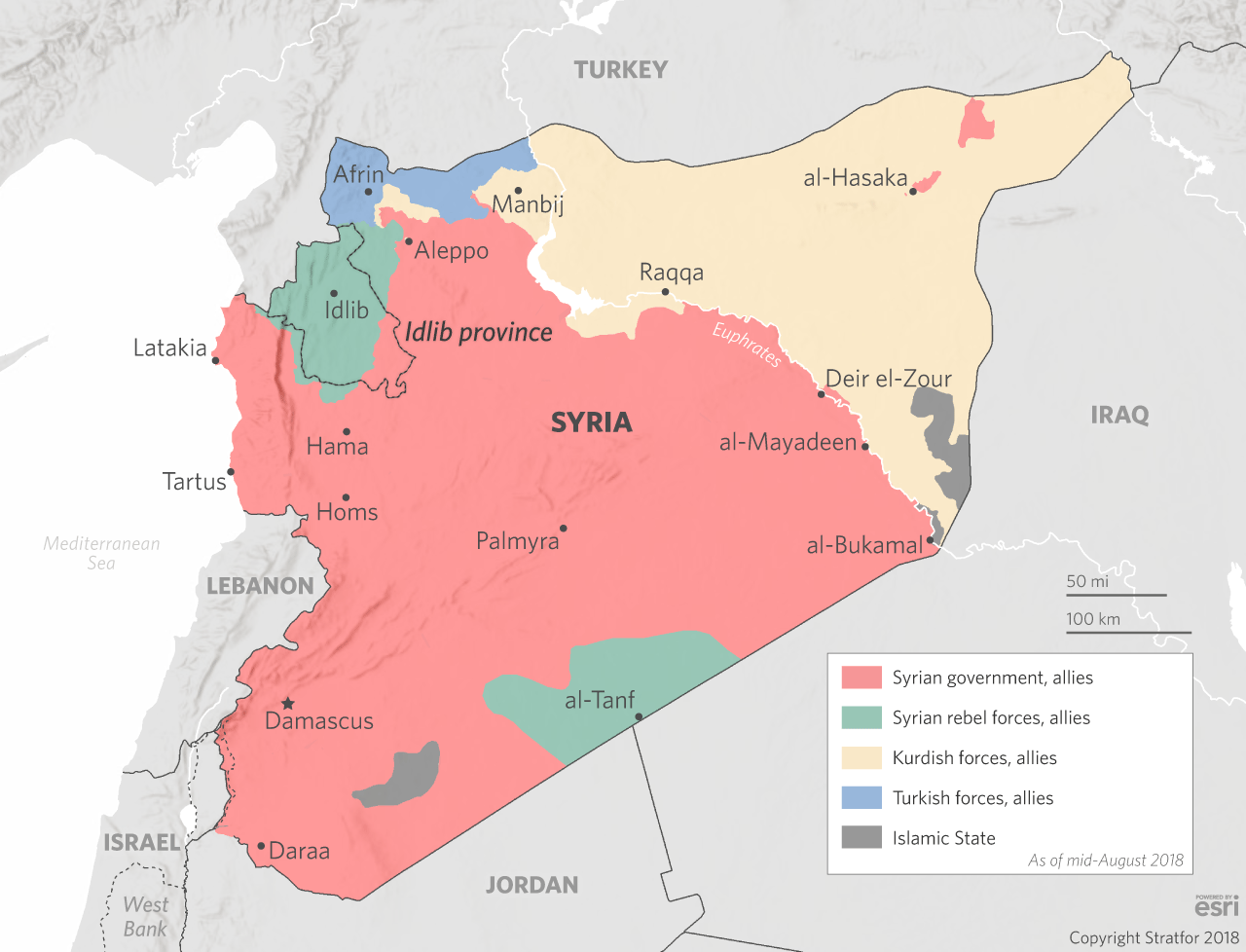 A map showing the current areas of control in the Syrian Civil War
