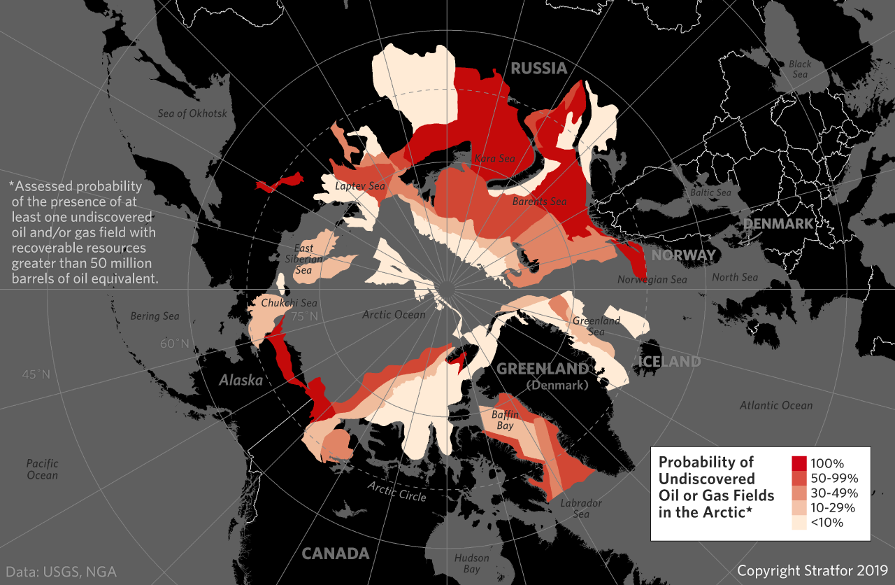 This map shows the probability of oil and natural gas fields in the Arctic.