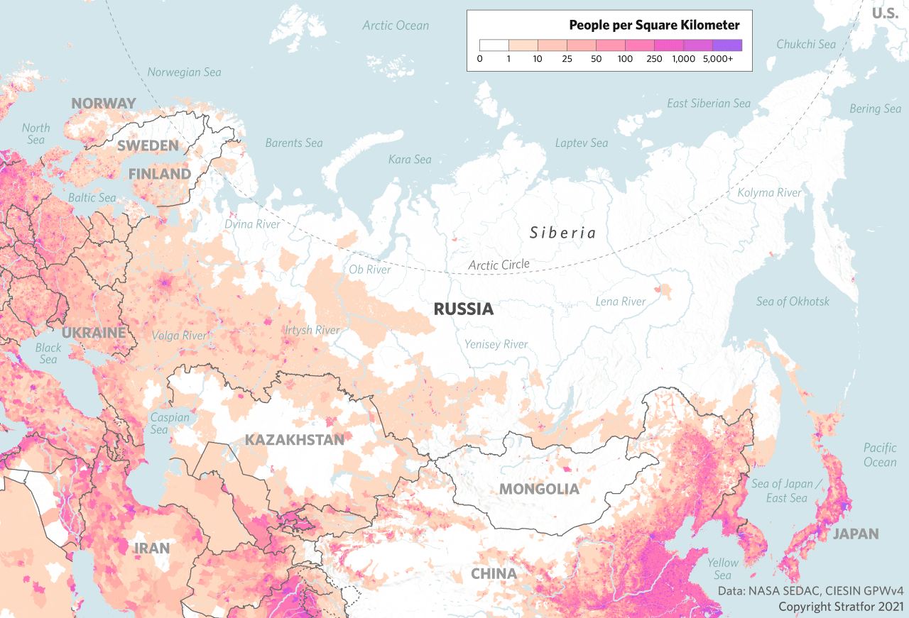 A Map Showing Russia's Major Rivers and Population Density