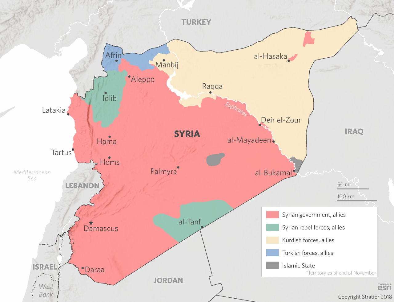A map shows the areas of Syria under the control of government, rebel, Kurdish, Turkish and Islamic State forces.