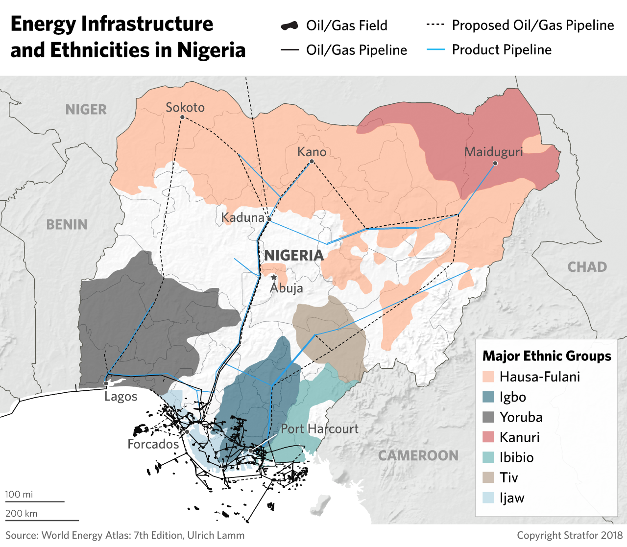 A map showing ethnicities and energy infrastructure in Nigeria. 