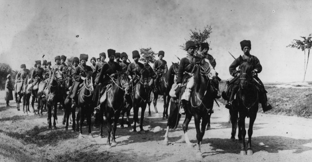 Cossacks on the march in Russia, circa 1914.