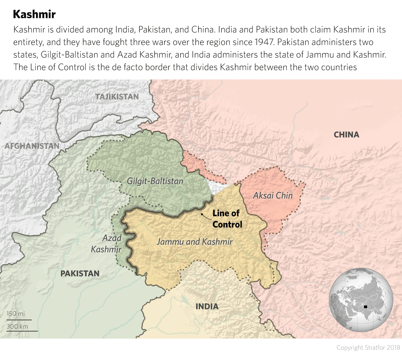 A map showing the territories of Kashmir divided among their controlling nations, China, India and Pakistan