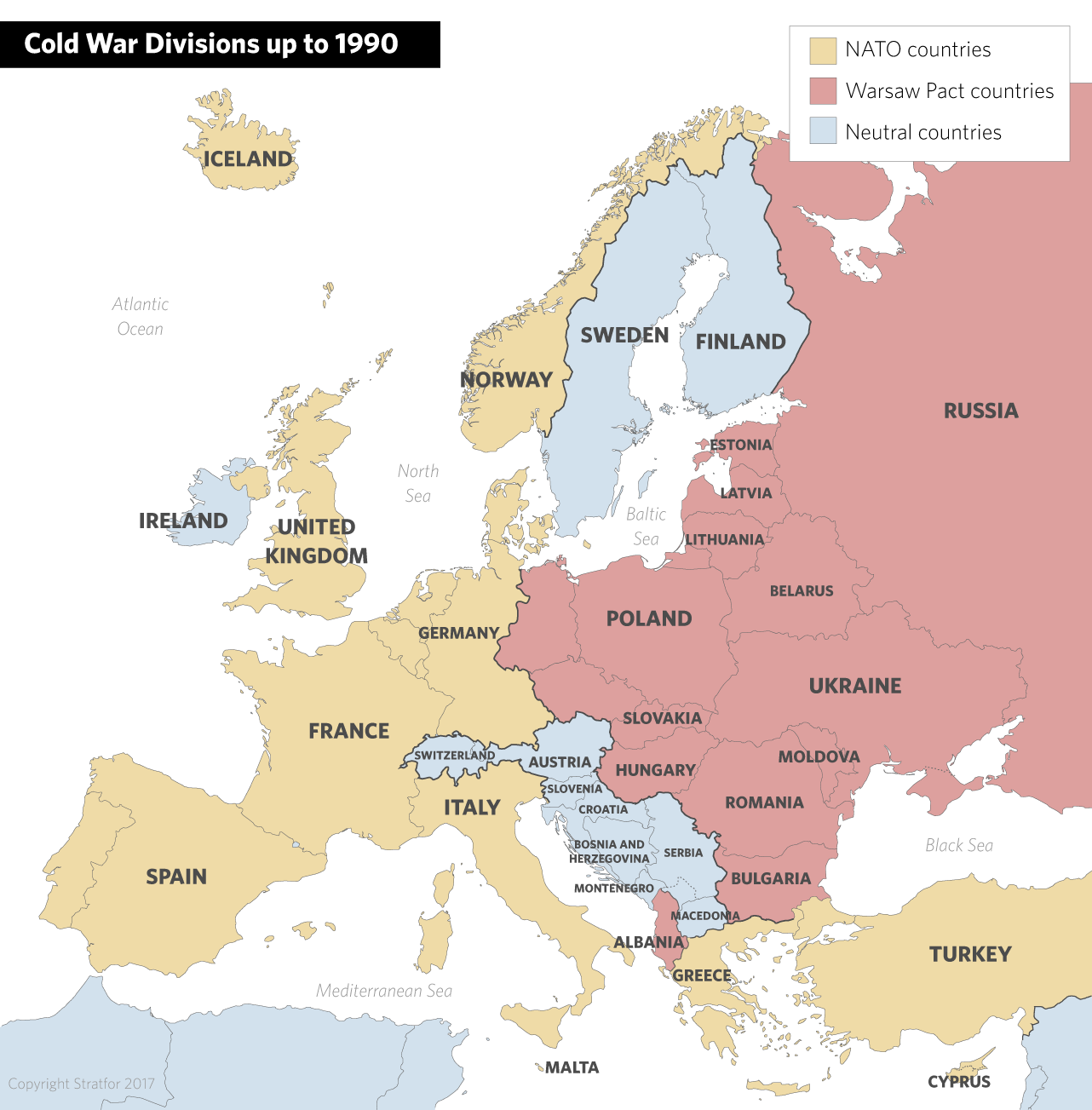A map centered on Europe showing Cold War divisions up to 1990 