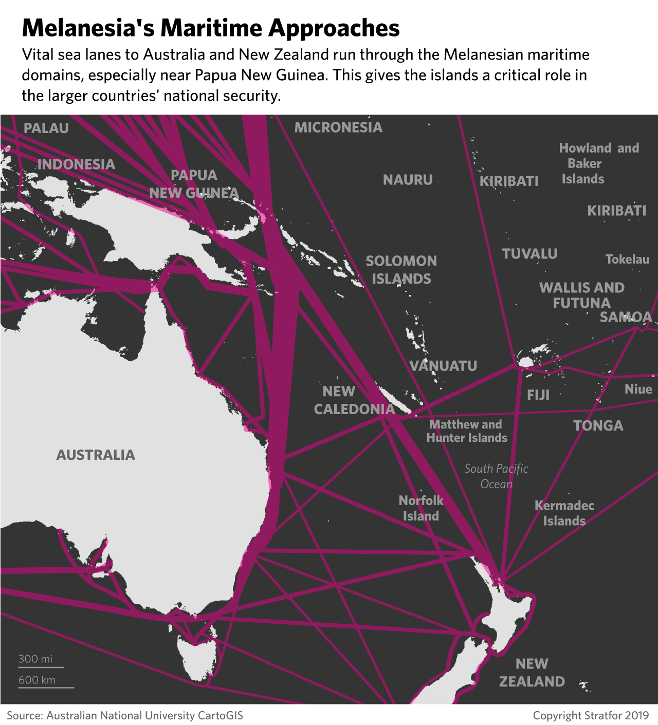 This map shows the sea lanes to Australia and New Zealand that traverse Melanesia