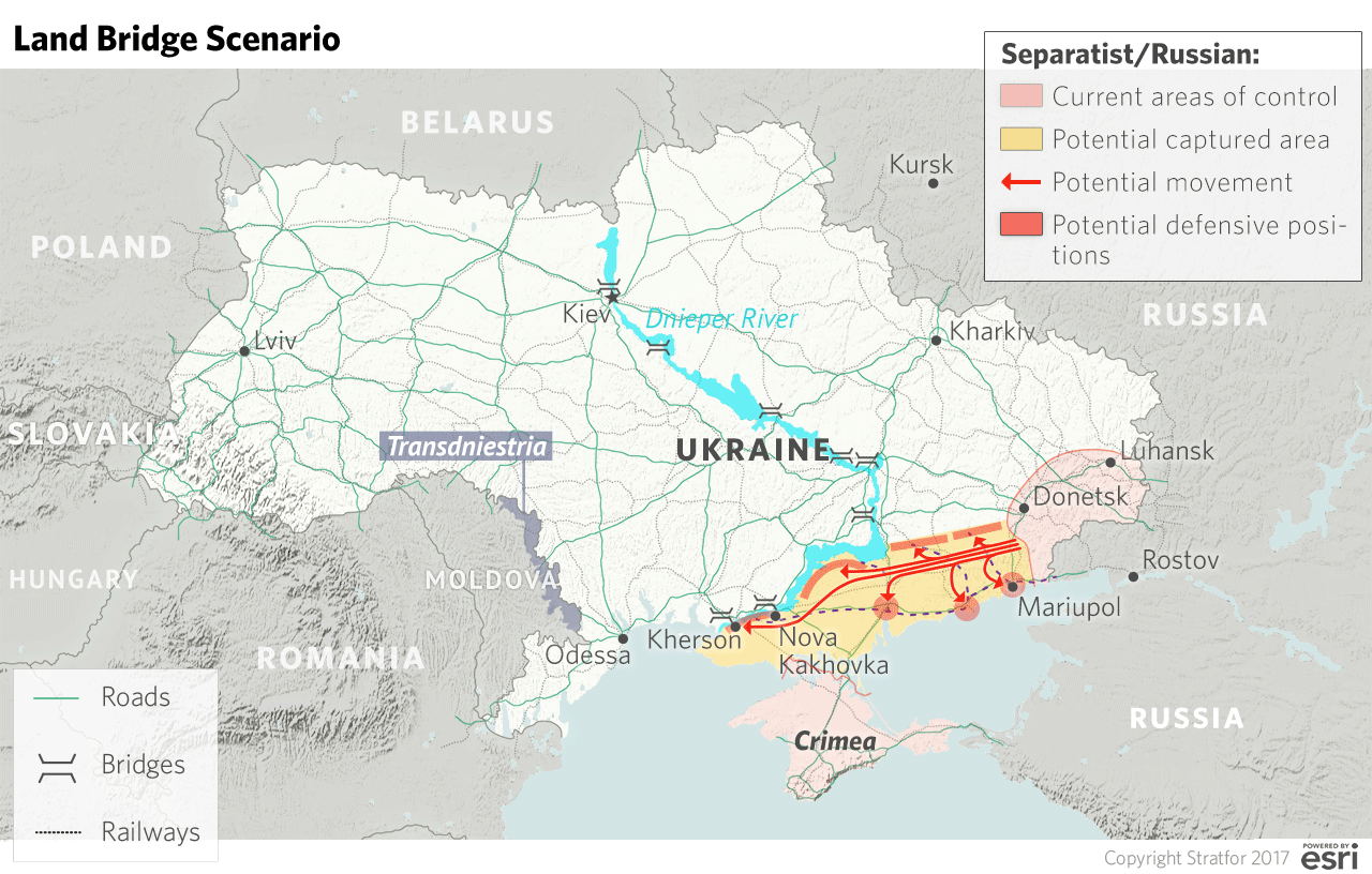 A map showing the 'Land Bridge' attack option should Russia decide to invade Eastern Ukraine