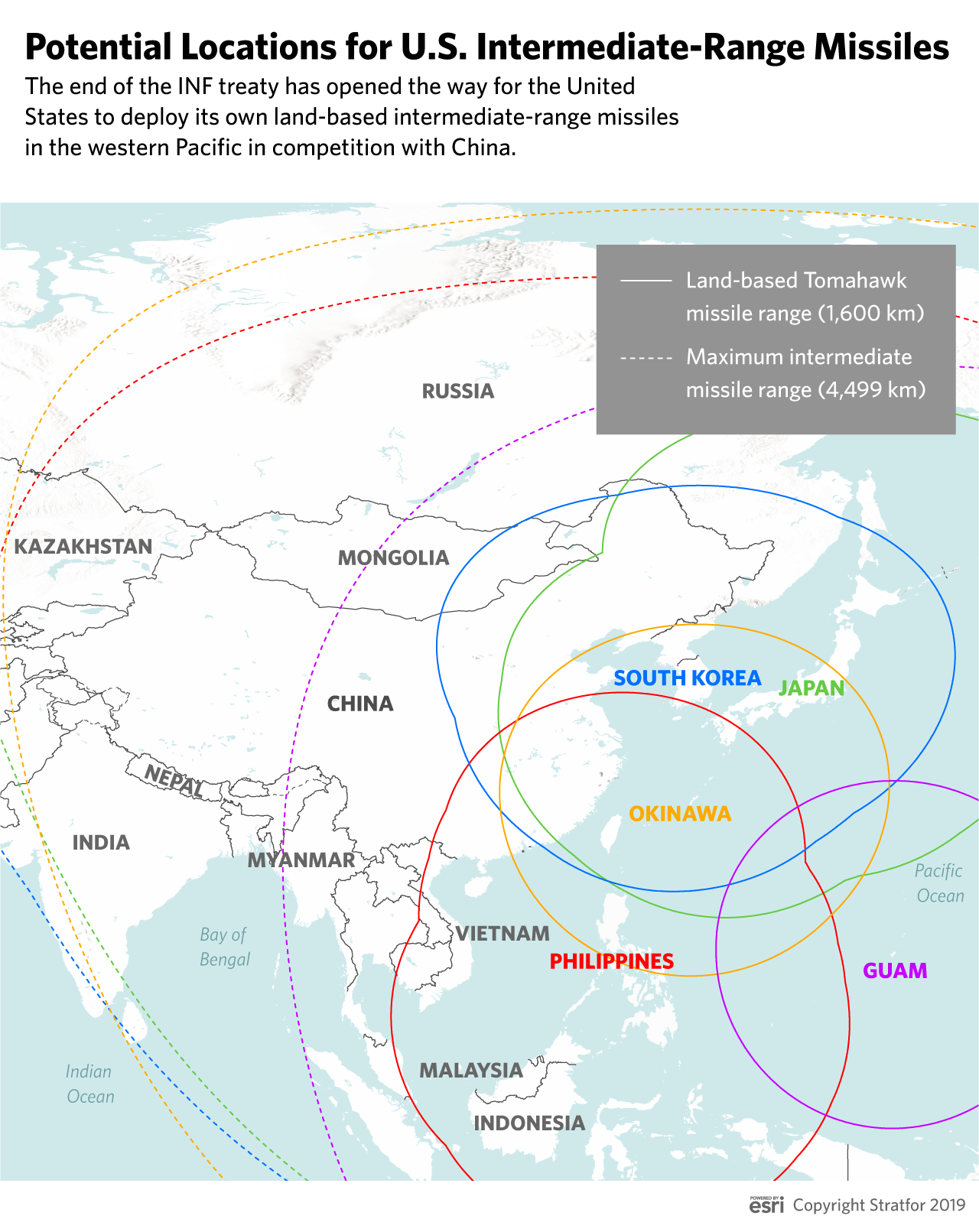 This map shows the ranges of different types of U.S. missiles.