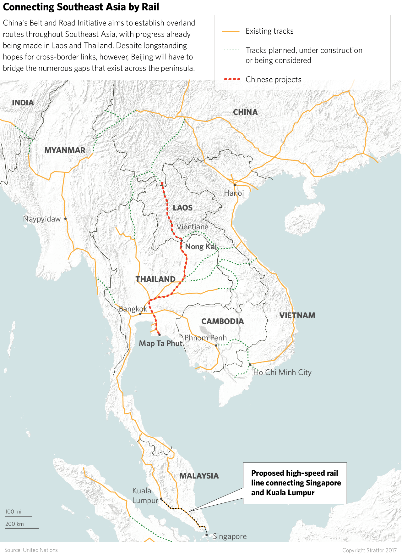 Proposed and existing rail routes through Southeast Asia as part of China's Belt and Road Initiative