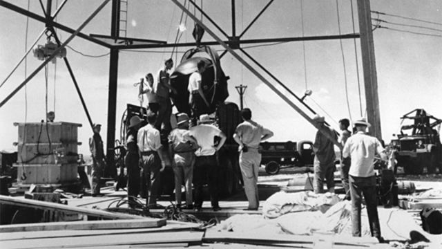 The preparation of the Gadget atomic bomb for the July 1945 Trinity test.