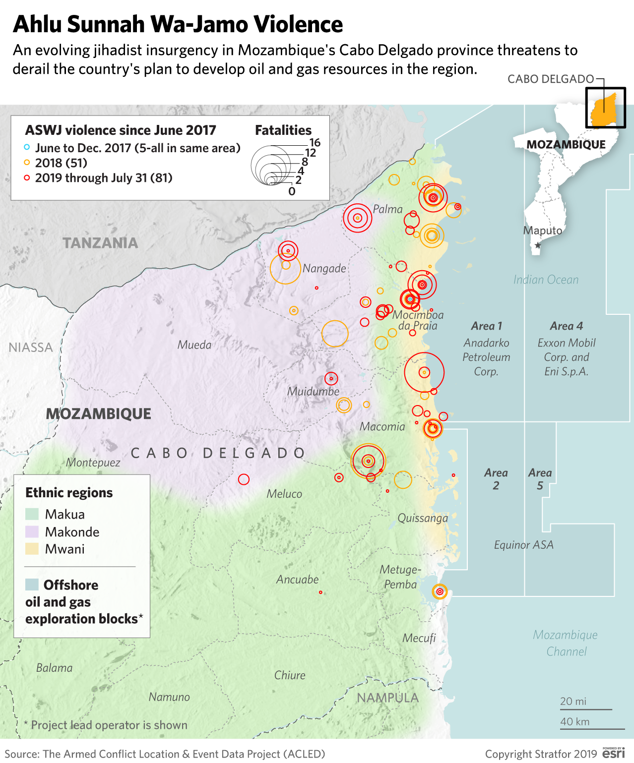 A map of Mozambique showing the country's ethnic regions and locations of militant attacks.