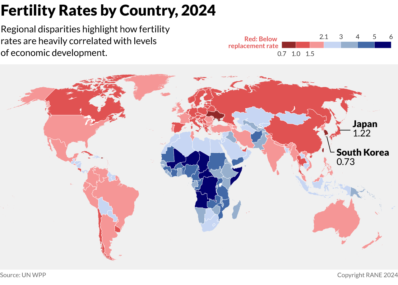 A map of the world showing global fertility rates by country