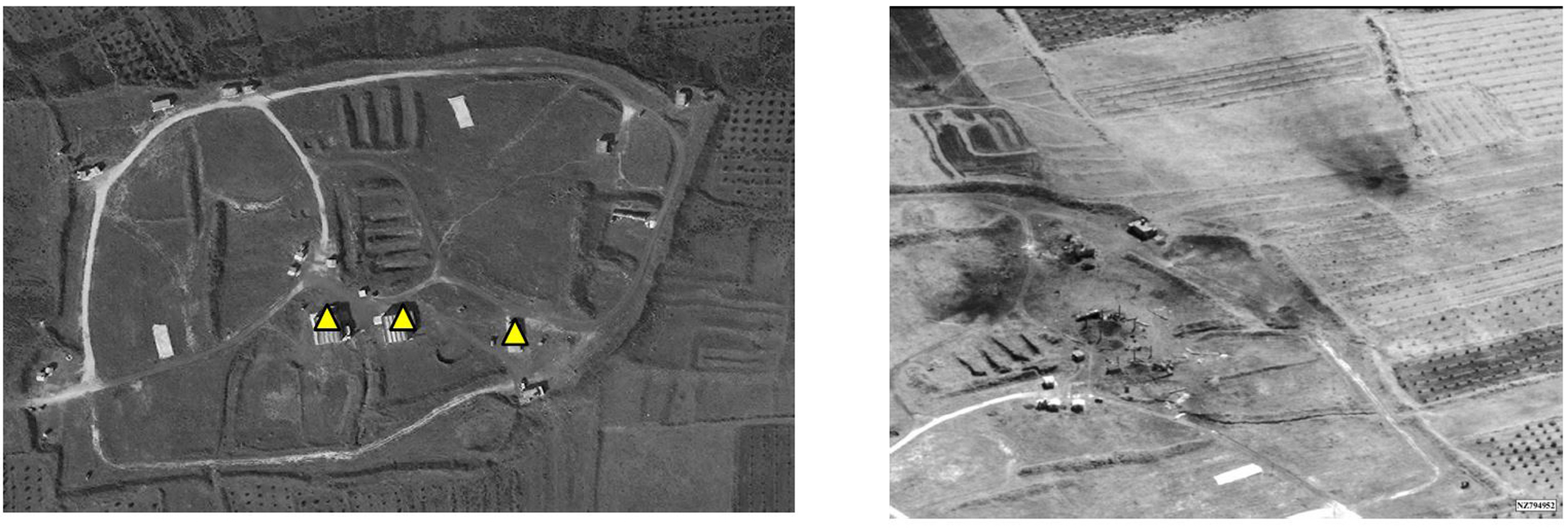 This image released by the U.S. Department of Defense shows the Him Shinsar chemical weapons storage site before (L) and after (R) U.S., French and British forces launched strikes against Syria on April 14, 2018.