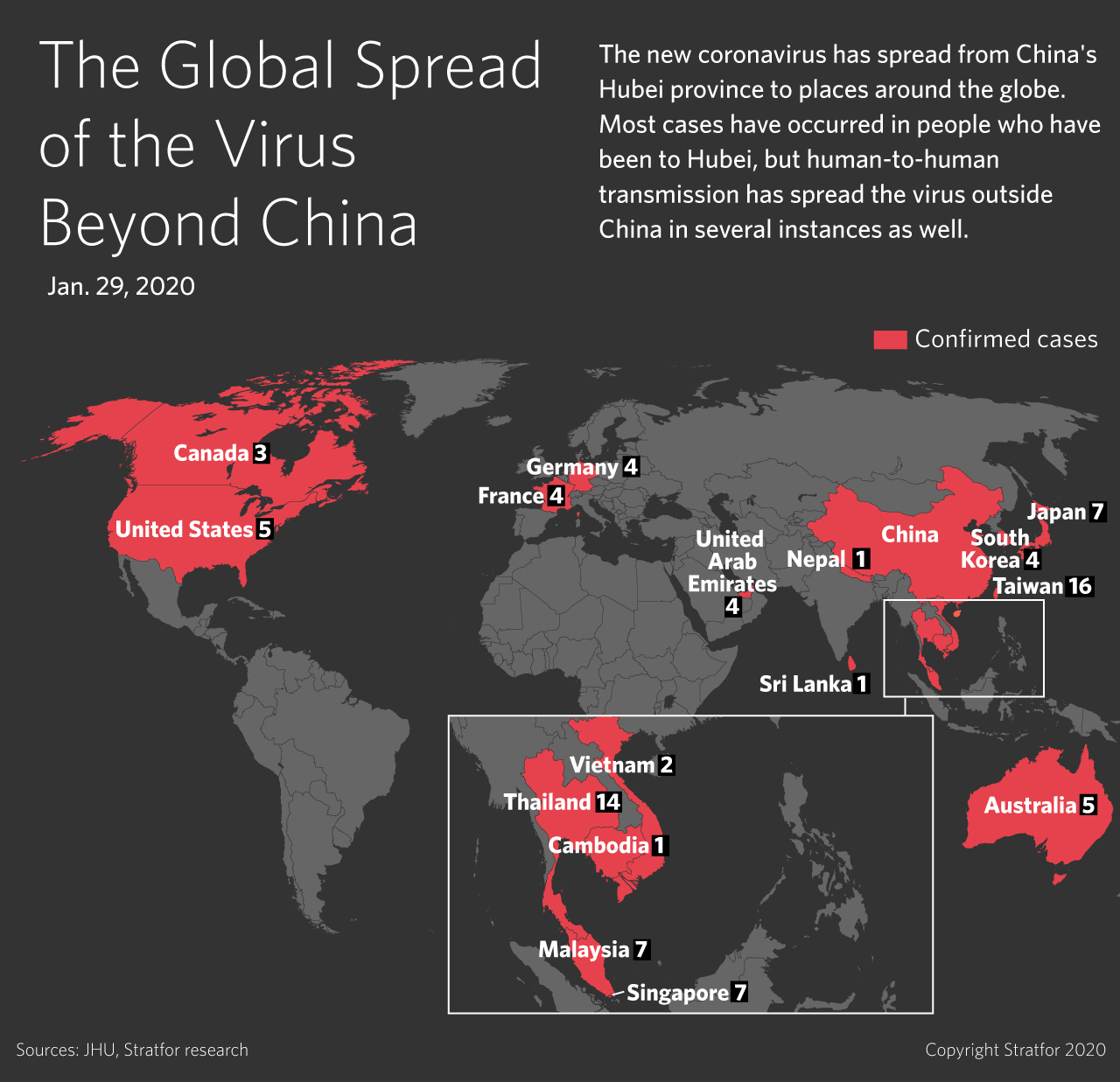 This map shows the spread of the new coronavirus around the world.