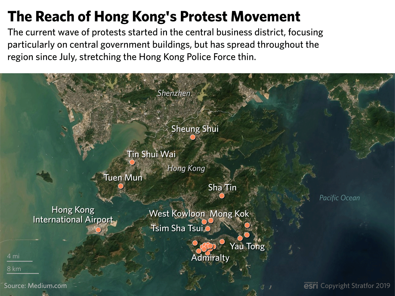 This map shows the location of protests around Hong Kong.