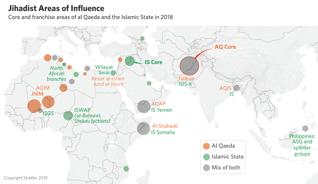 A map showing areas of al Qaeda and Islamic State activity around the world.