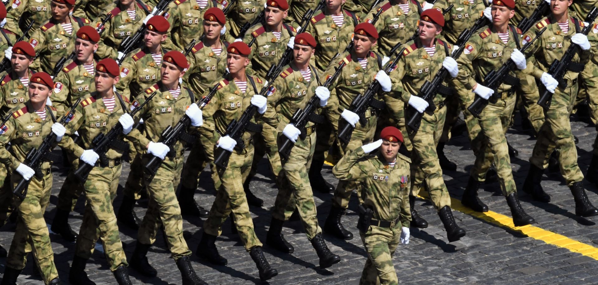 Russian soldiers march during a military parade marking the 75th anniversary of Russia’s victory in World War II on June 24, 2020, in Moscow, Russia.