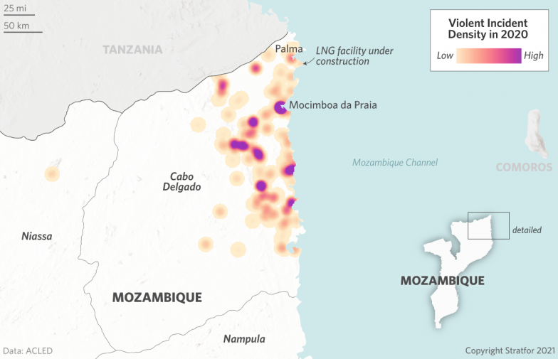 A Map Showing the Density of Violent Incidents in Northern Mozambique in 2020