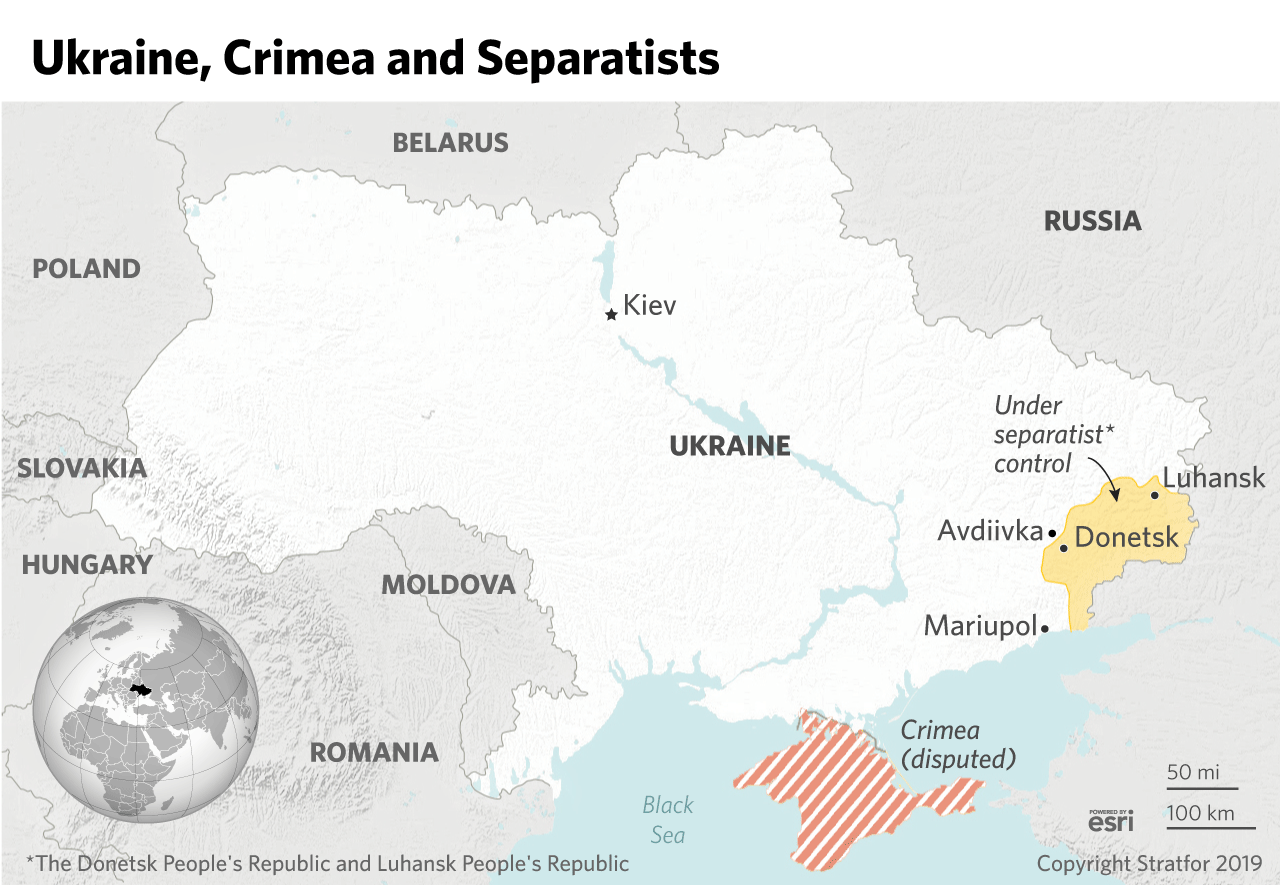 A map of Ukraine, showing Crimea and the separatist areas of Donetsk and Luhansk.