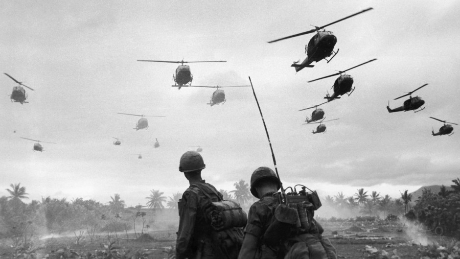 A wave of helicopters from the 1st Air Cavalry Division fly over an isolated landing zone during Operation Pershing, in the region of the Bong Son Plain and An Lao Valley of South Vietnam, Jan. 3, 1967.