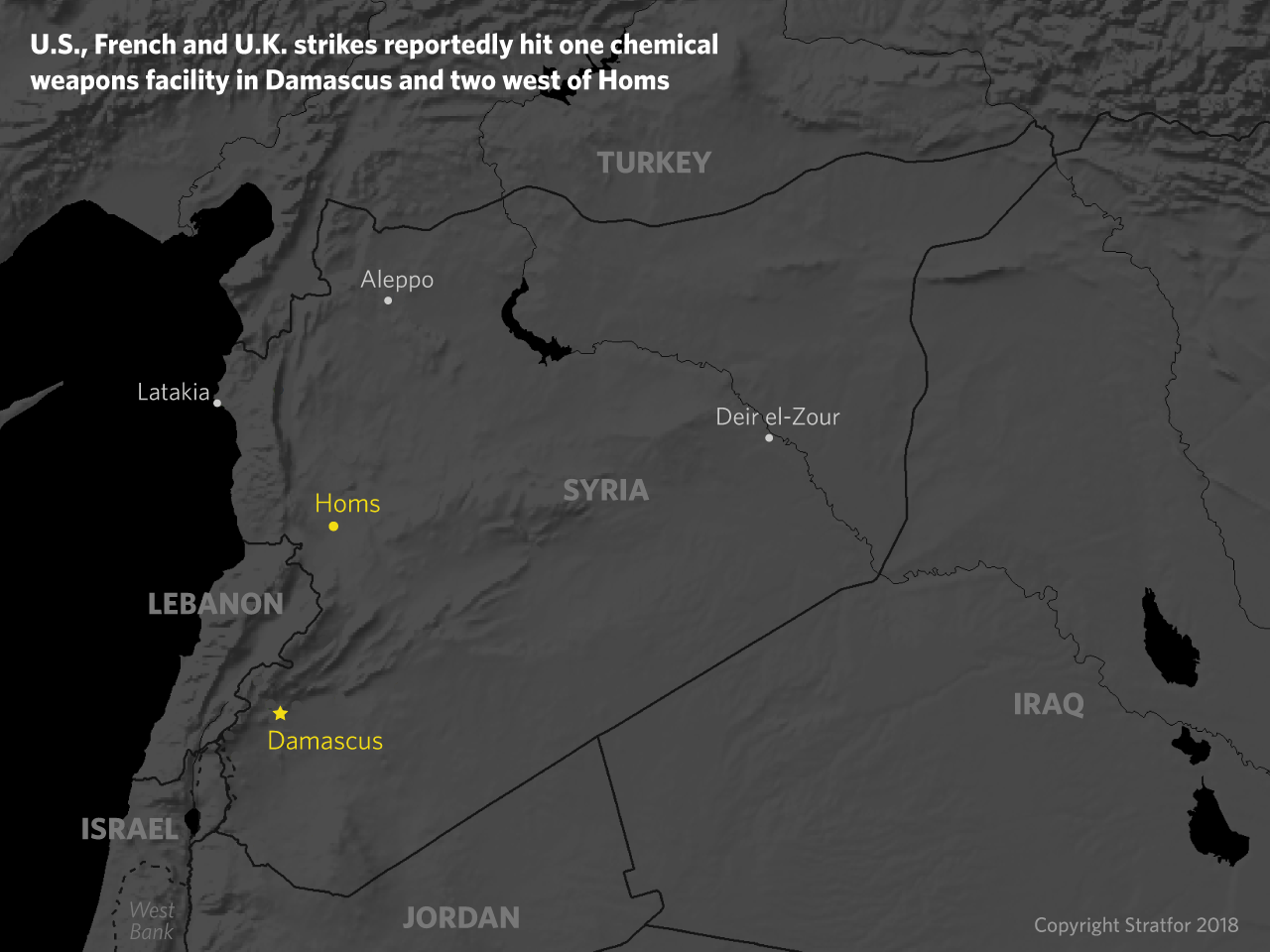 A map of Syria showing locations of chemical weapons facilities attacked by U.S., French and British forces.