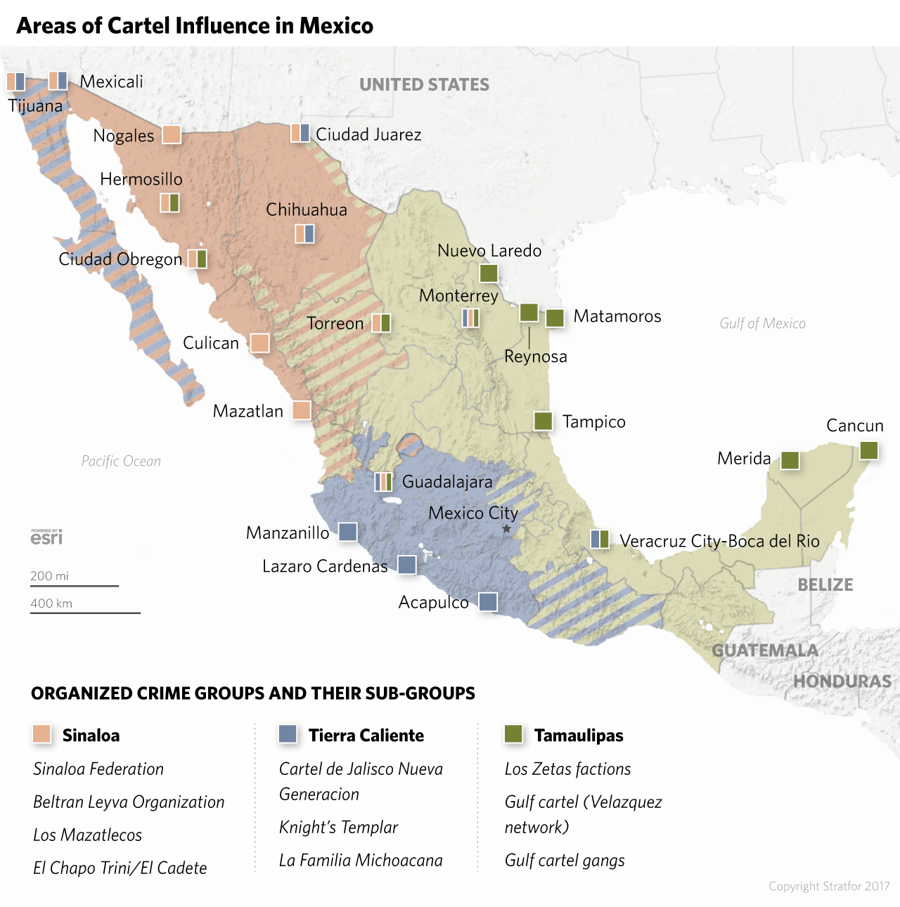 Areas of cartel influence in Mexico.